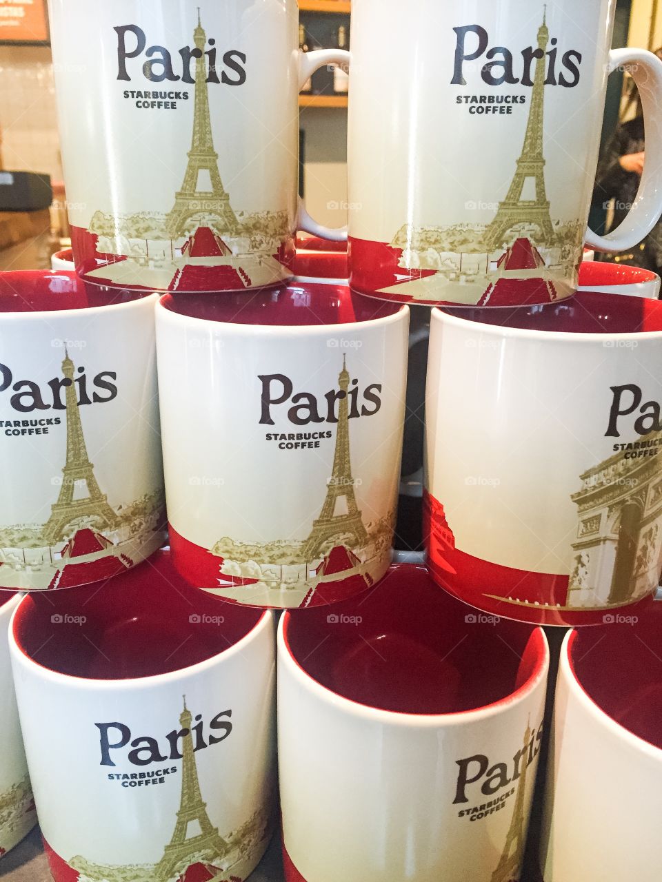 Souvenir shop in Paris that sells mugs with the Eiffel Tower on.