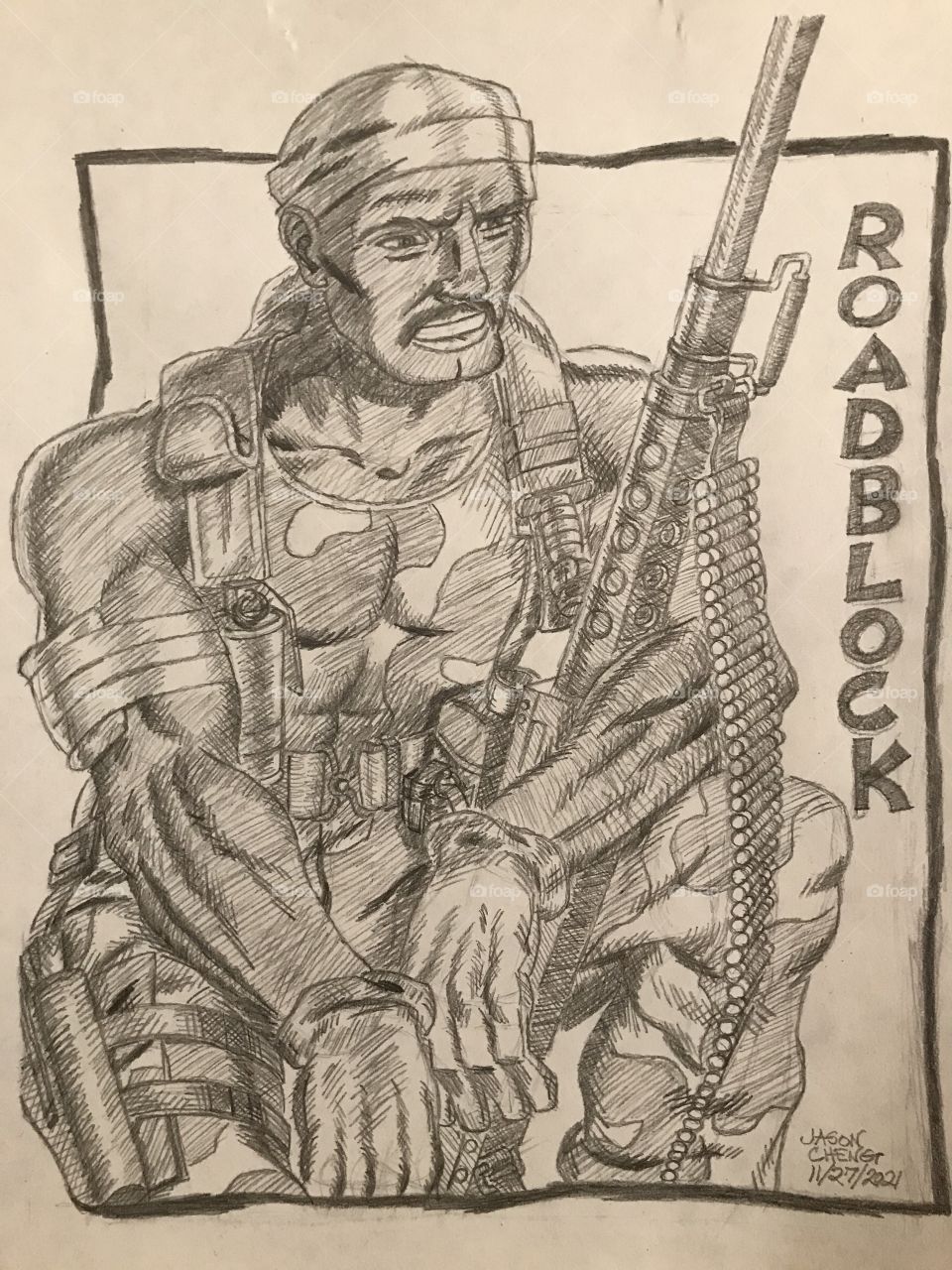 A pencil rendering of Roadblock from GI JOE: A REAL AMERICAN HERO.