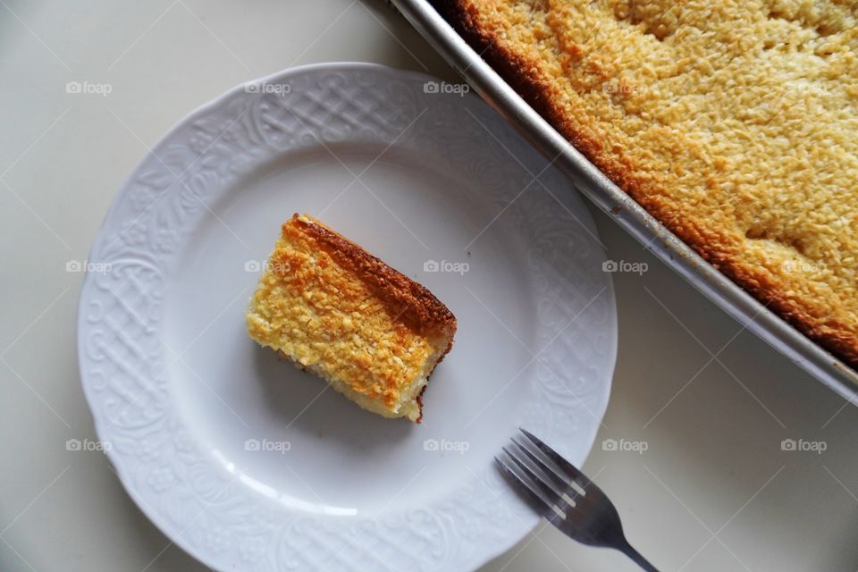 Cassava cake, a traditional recipe from northeastern Brazil. Manihot esculenta, commonly called cassava is a woody shrub native to South America