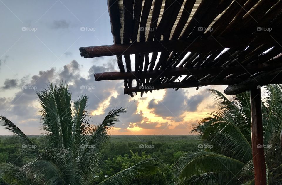 A beautiful sunset over the lush jungle of Tulum. It’s really hot there. 