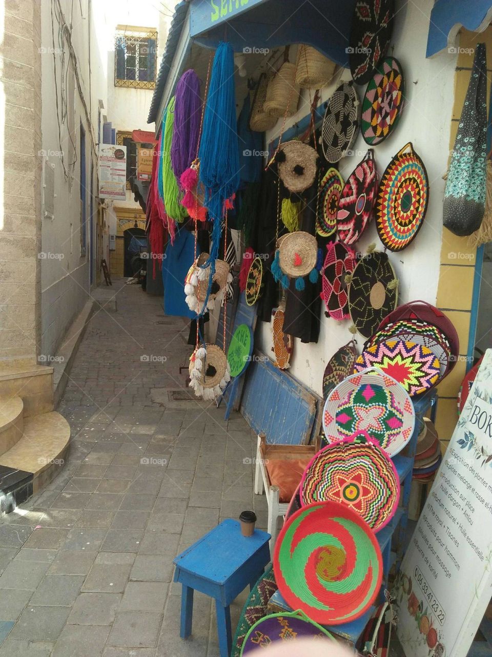 Beautiful street at essaouira city,  and Products of Moroccan traditional industry.