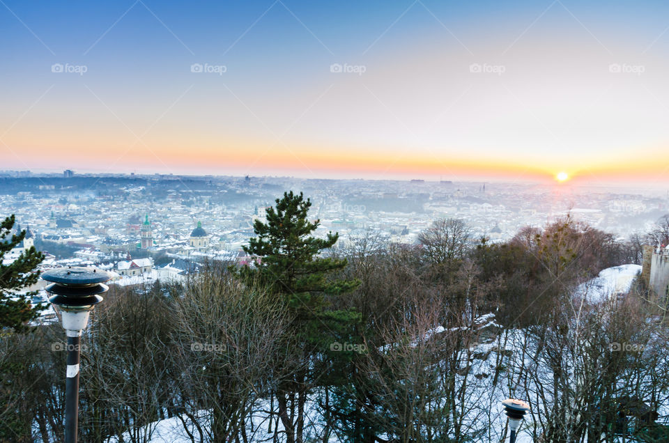 Lviv cityscape during the sunset