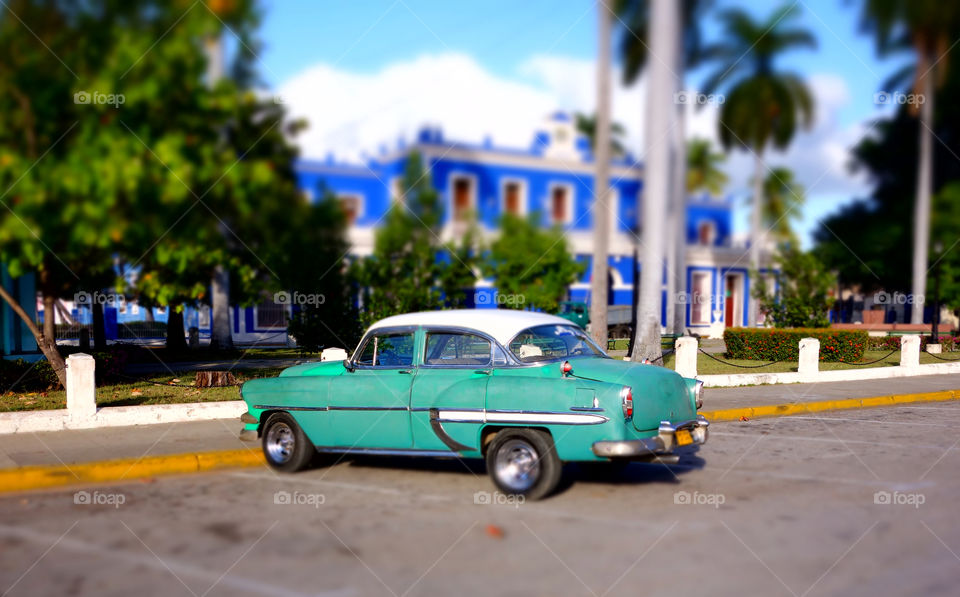 Classic American car on a parking lot in Cienfuegos, Cuba on 22 December 2013.