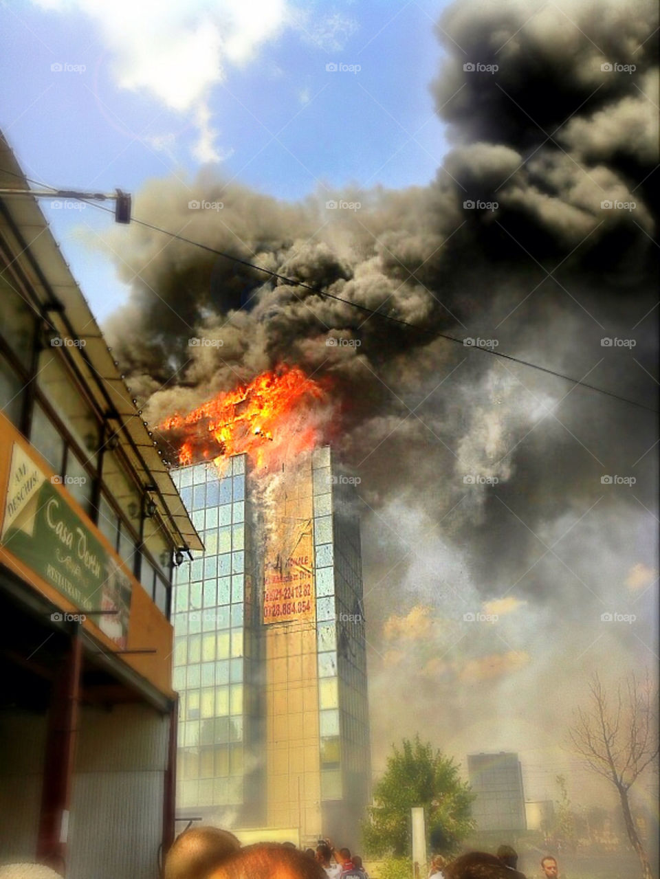 Burning building in Bucharest