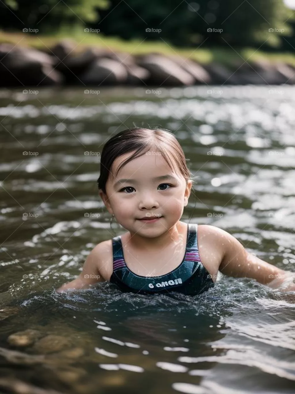 Cute little girl swimming in the lake