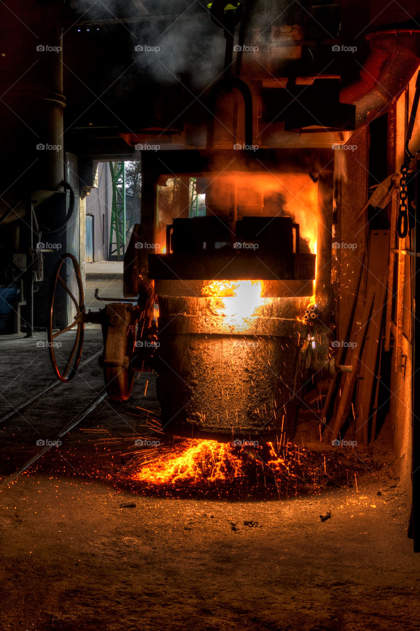 Ladle of molten steel in a iron foundry