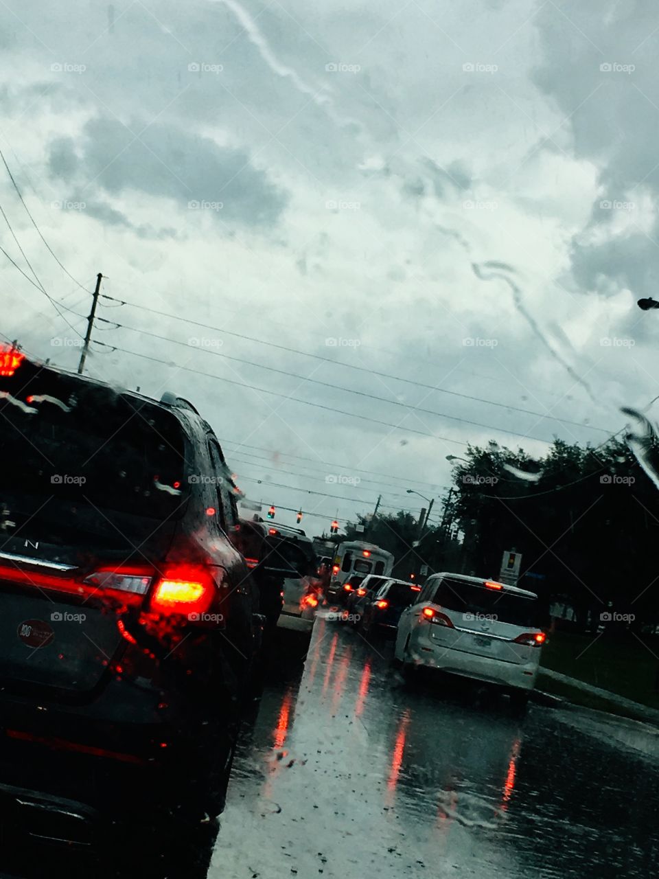 Brake lights and traffic on a rainy day 