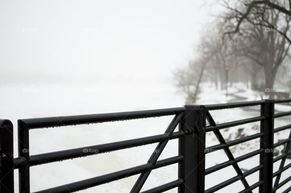 Fog over frozen lake and path with trees in winter from bridge 