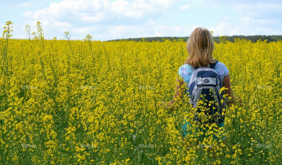 spring nature landscape yellow rapeseed field and girl