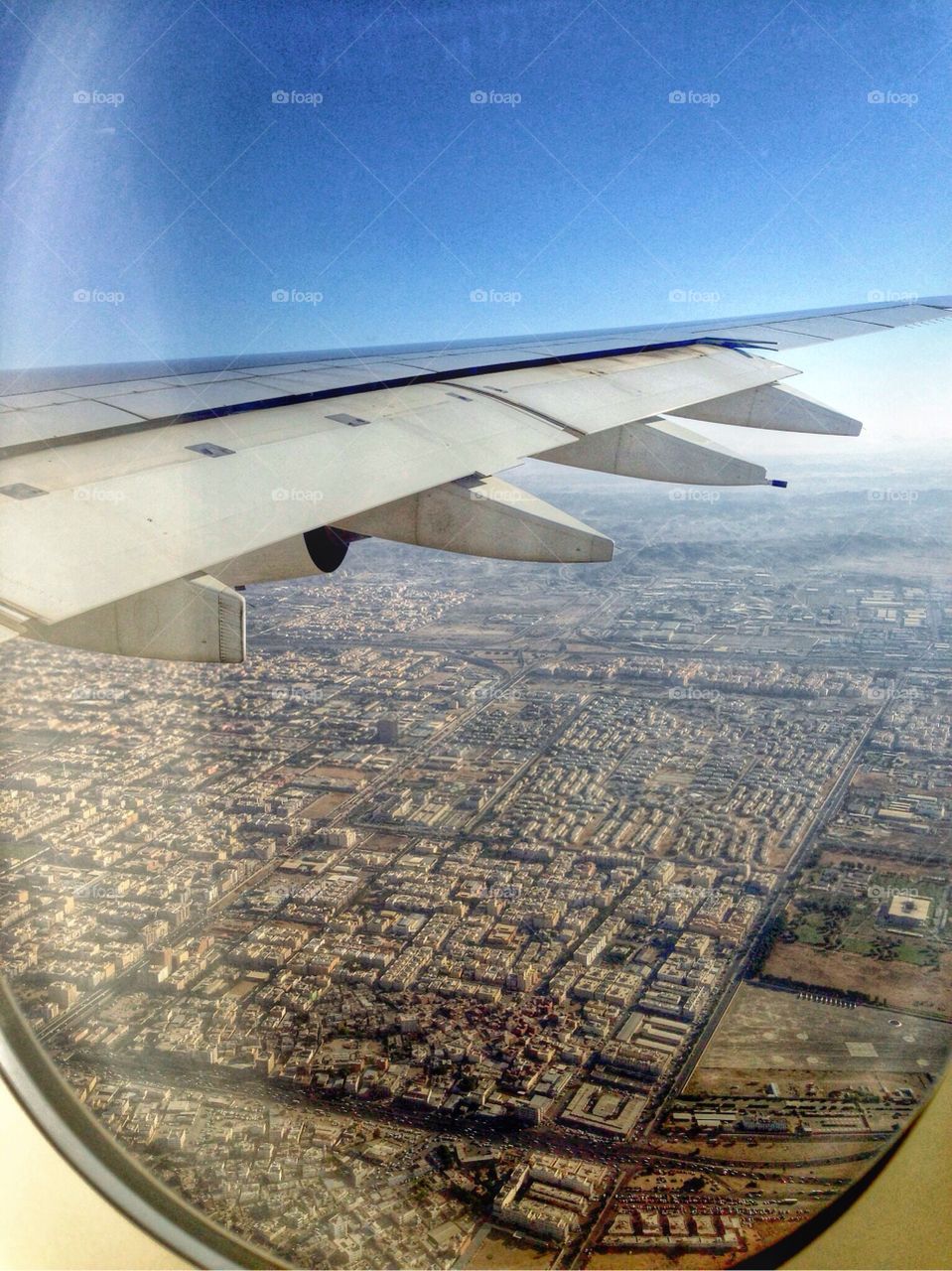Aerial view of the city from airplane window