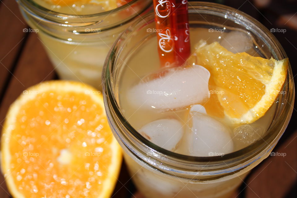 High angle view of a orange juice