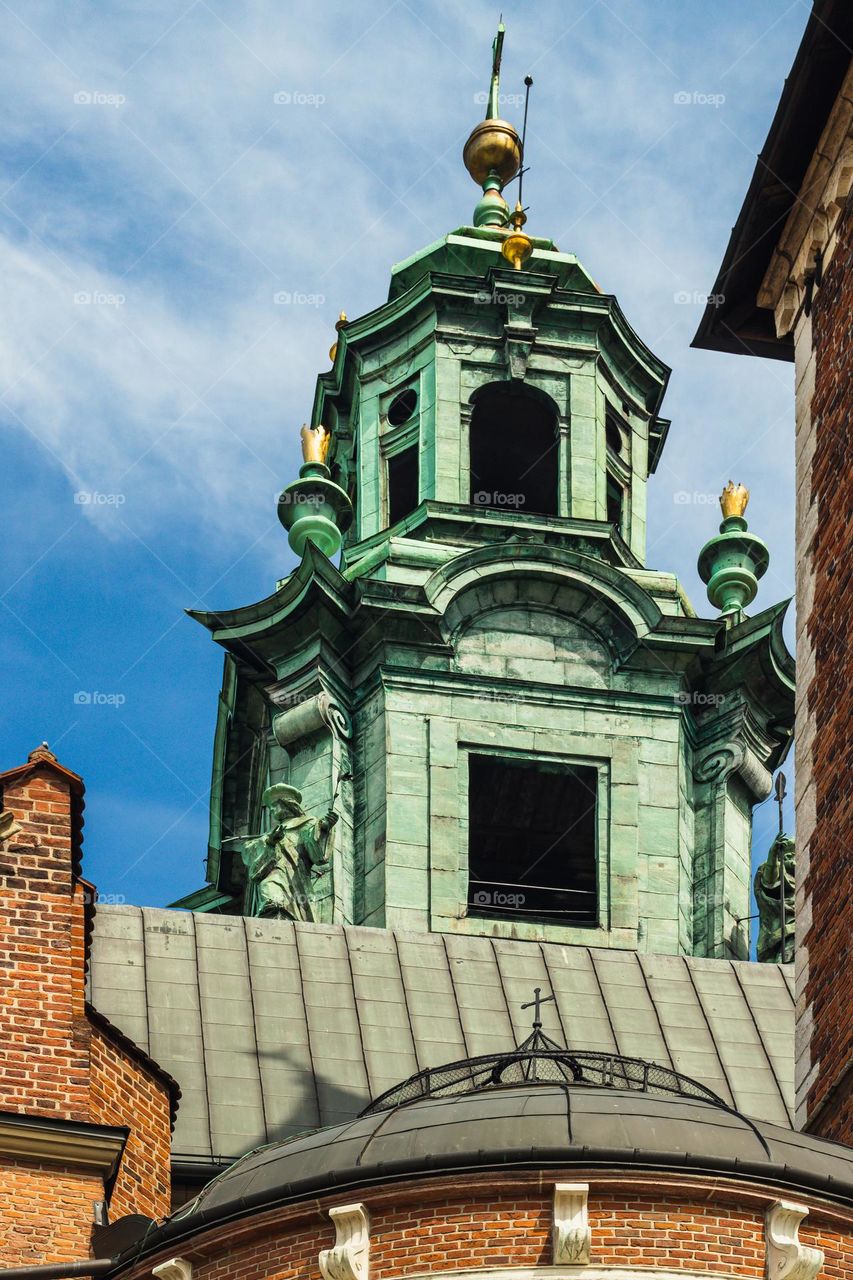 close-up of a fragment of the cathedral tower at the Wawel Royal Castle