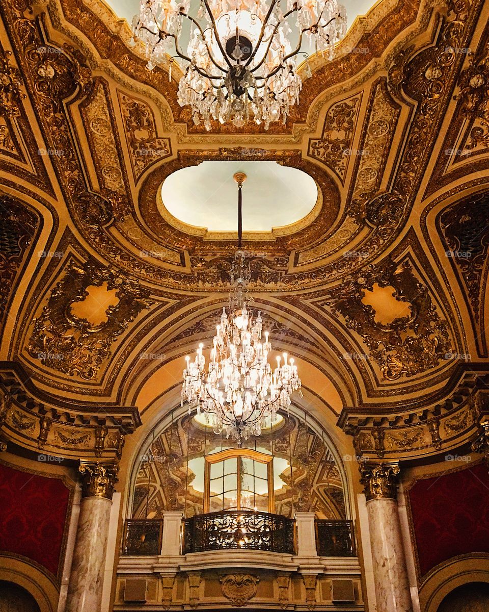 Lobby of the Boston Opera House. Victorian, architecture, interior design, renaissance, chandelier, theater, theatre. 