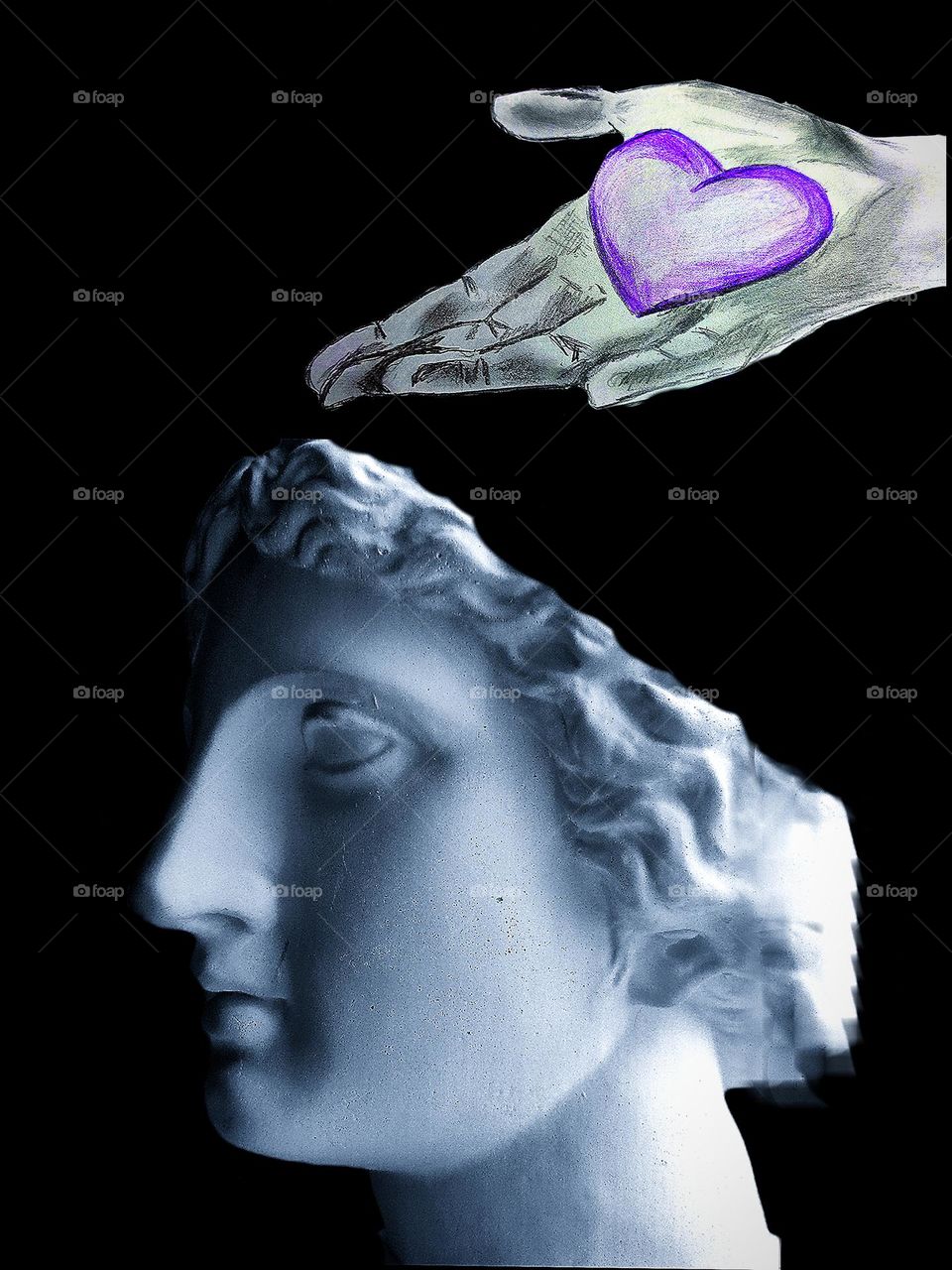 Thoughts of a woman.  A female sculpture above which is a male hand with a purple heart.  What do women desire?