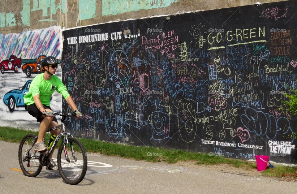 Bicyclist at the Dequindre Cut. Bicyclist at the Dequindre Cut in Detroit, MI