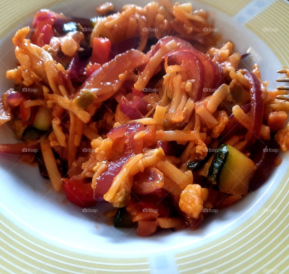 foeyonghai, with noodles and extra vegetables, home made.