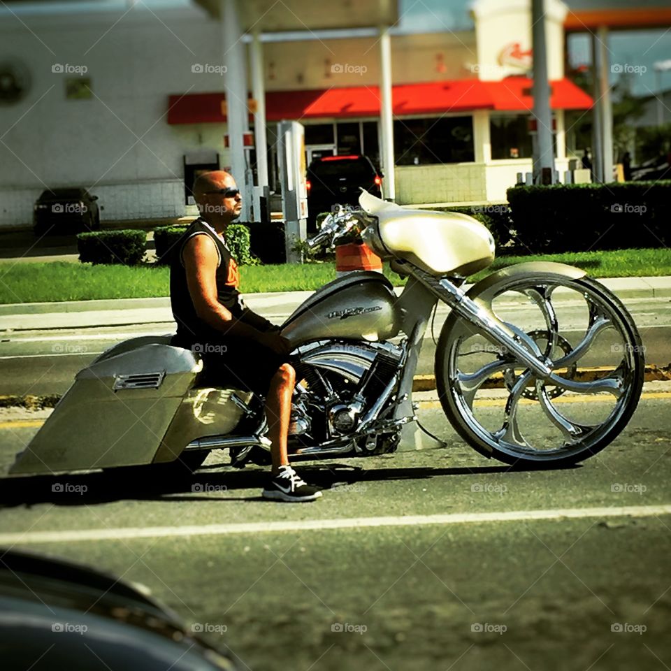 Custom Harley Davidson . Custom Harley waiting at the light. 