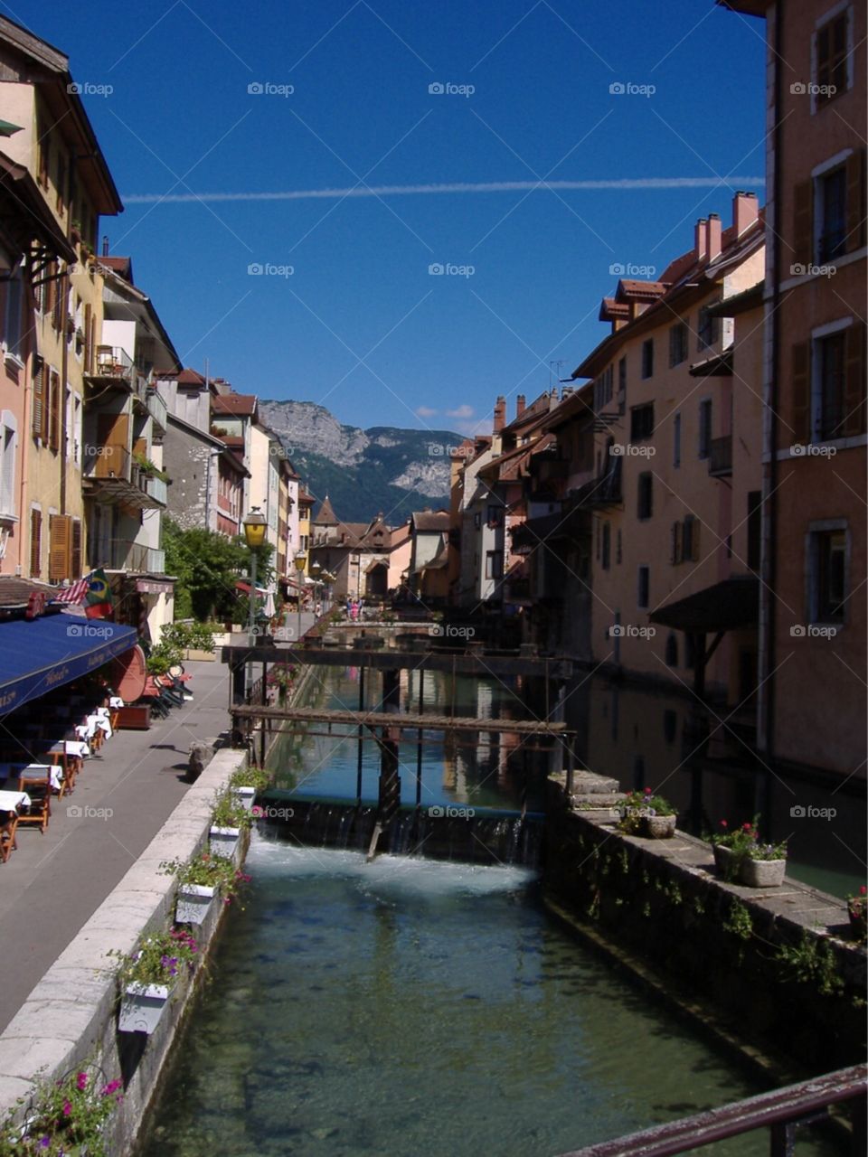 Narrow canal through the small town of Annecy, France. 