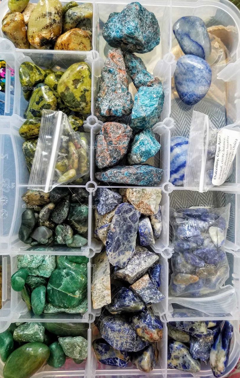 These are some of my crystals, minerals and stones in various shades of blues and greens. I use them for healing, health and fun!