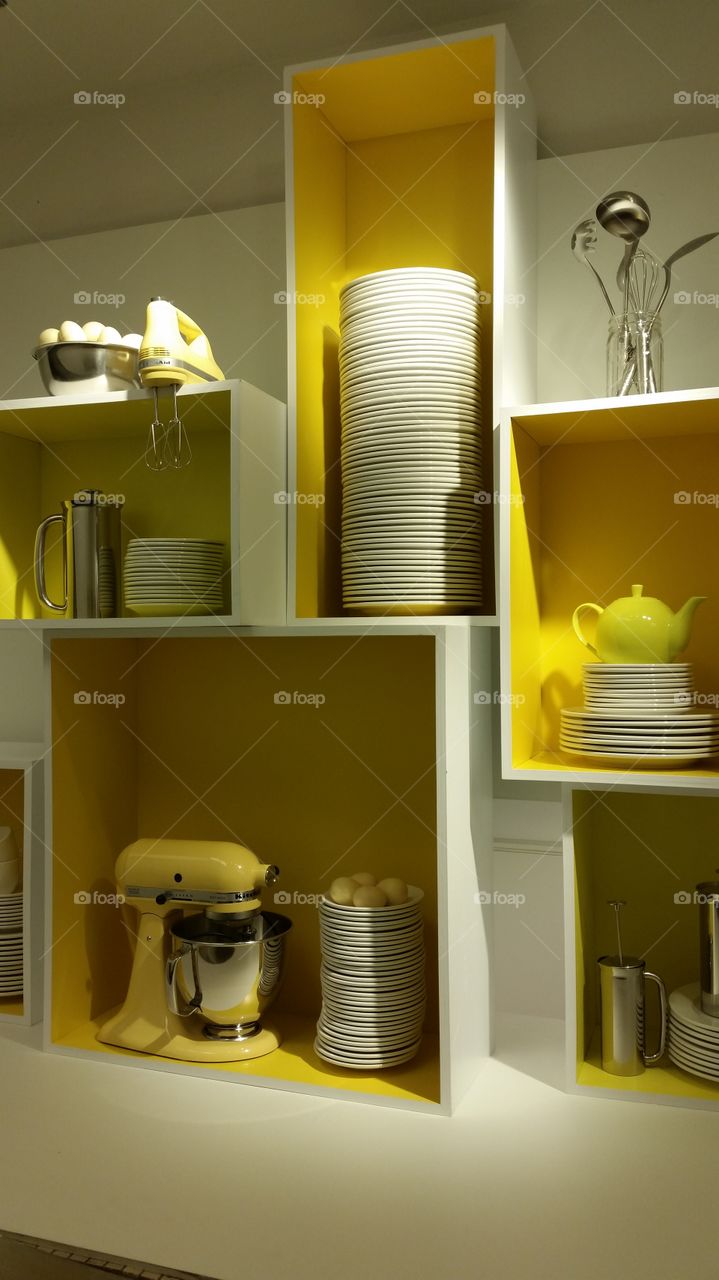 yellow display. yellow inspiration in the kitchen