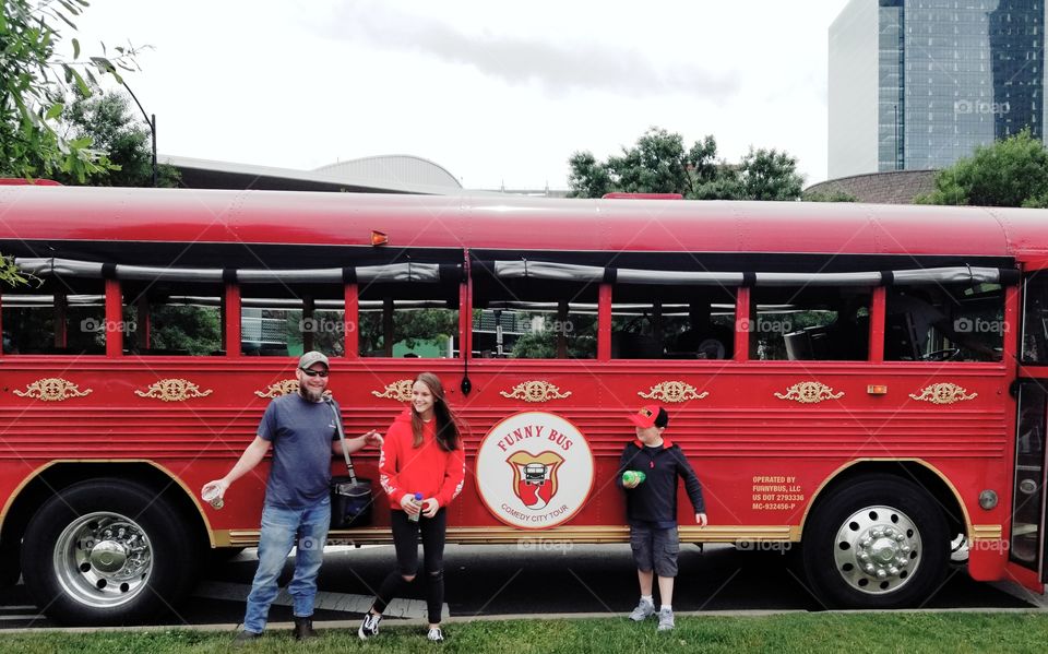 Huge smiles of making forever family memories on hilarious funny bus tour of Uptown Charlotte, Eudy Family shenanigans.