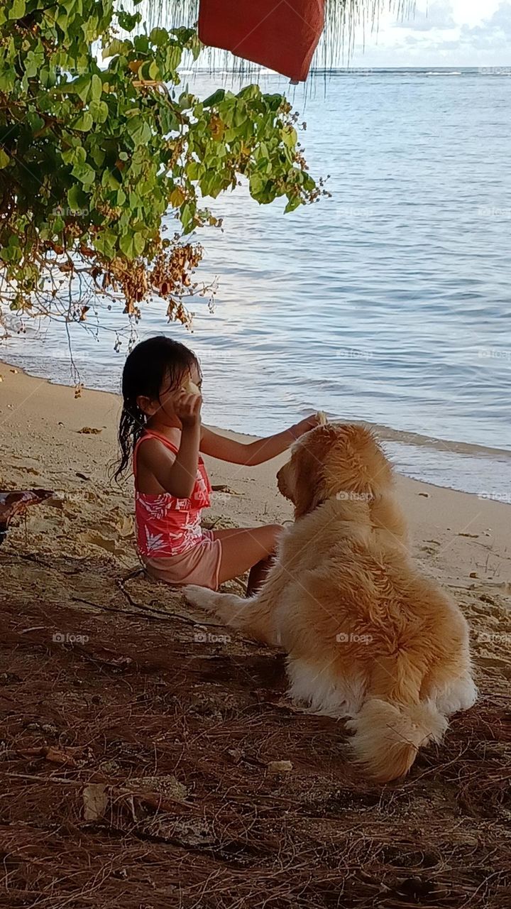 Little girl amusing dog