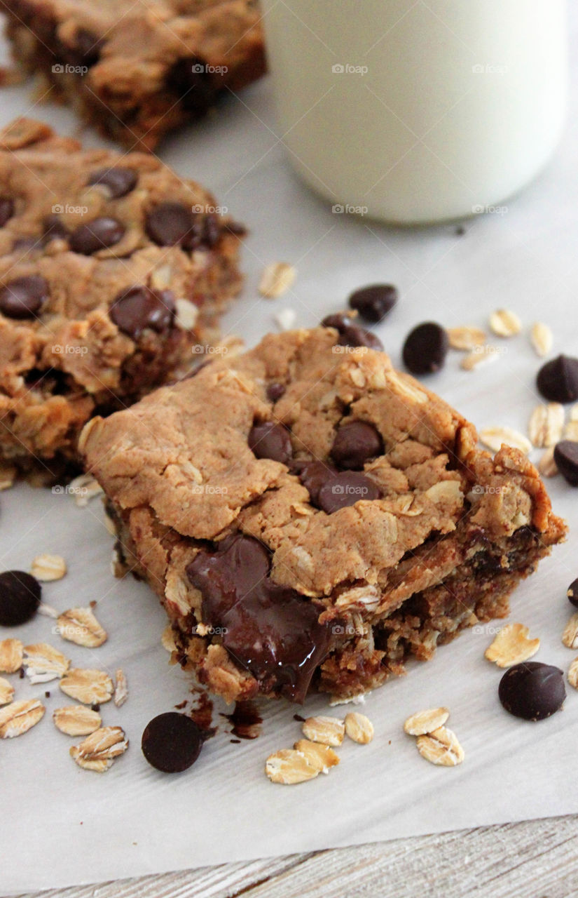 View of chocolate chip bars on table