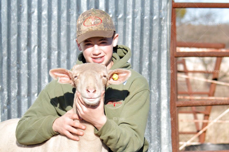 Smiling teenage boy with sheep