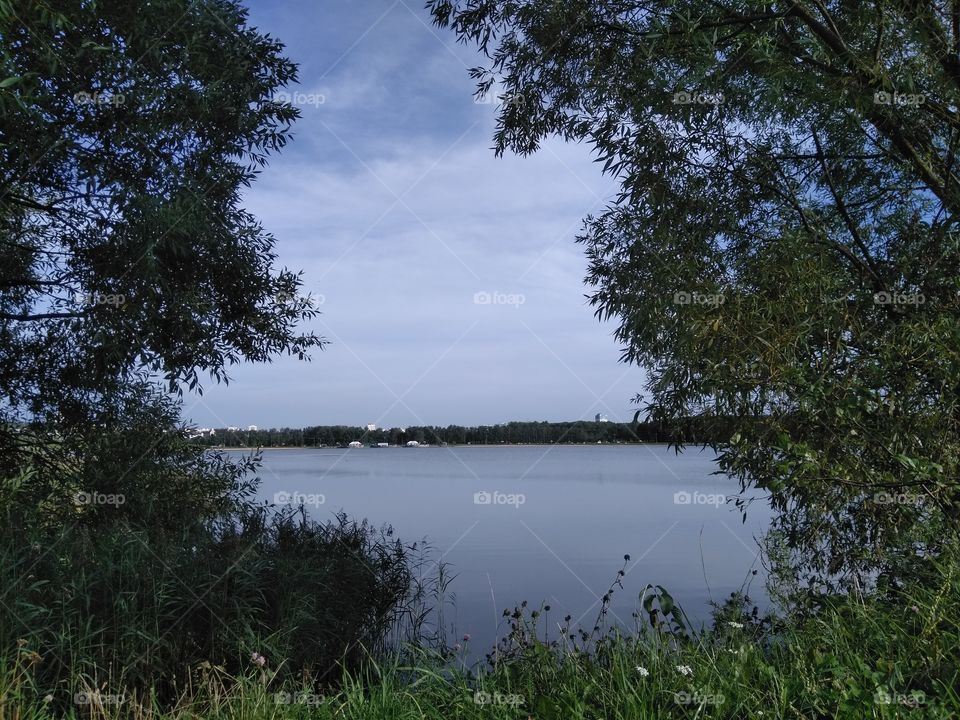 beautiful landscape lake and trees blue sky background, beautiful nature, summer and autumn time