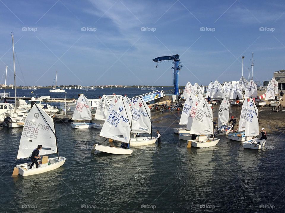 Tiny sailing boats coming back to harbor 