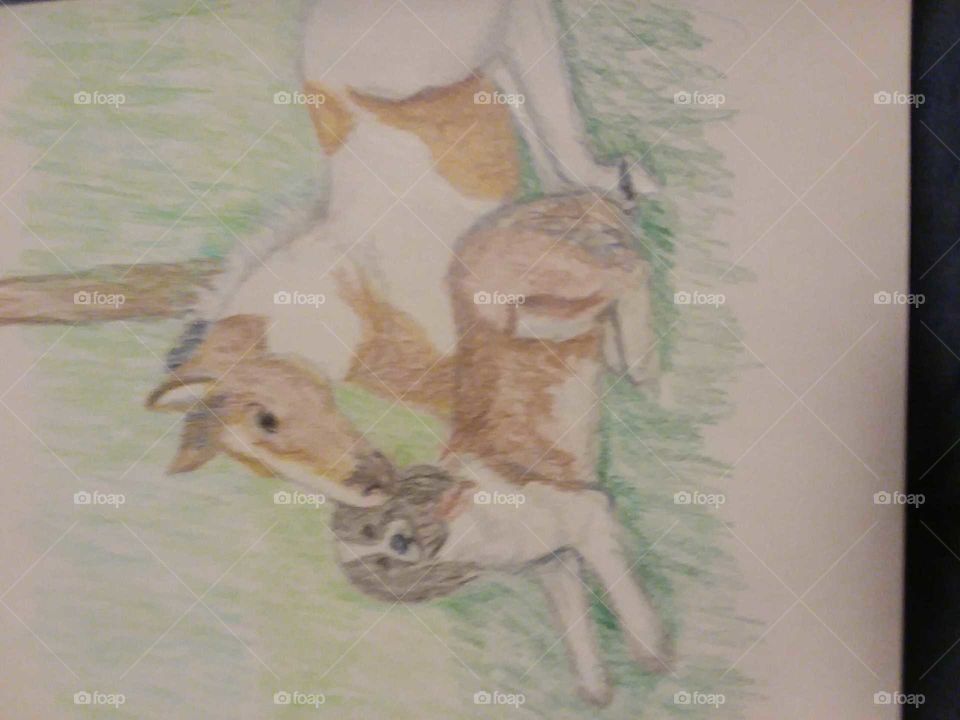 Colored pencil sketch of a goal and his buddy the dog.