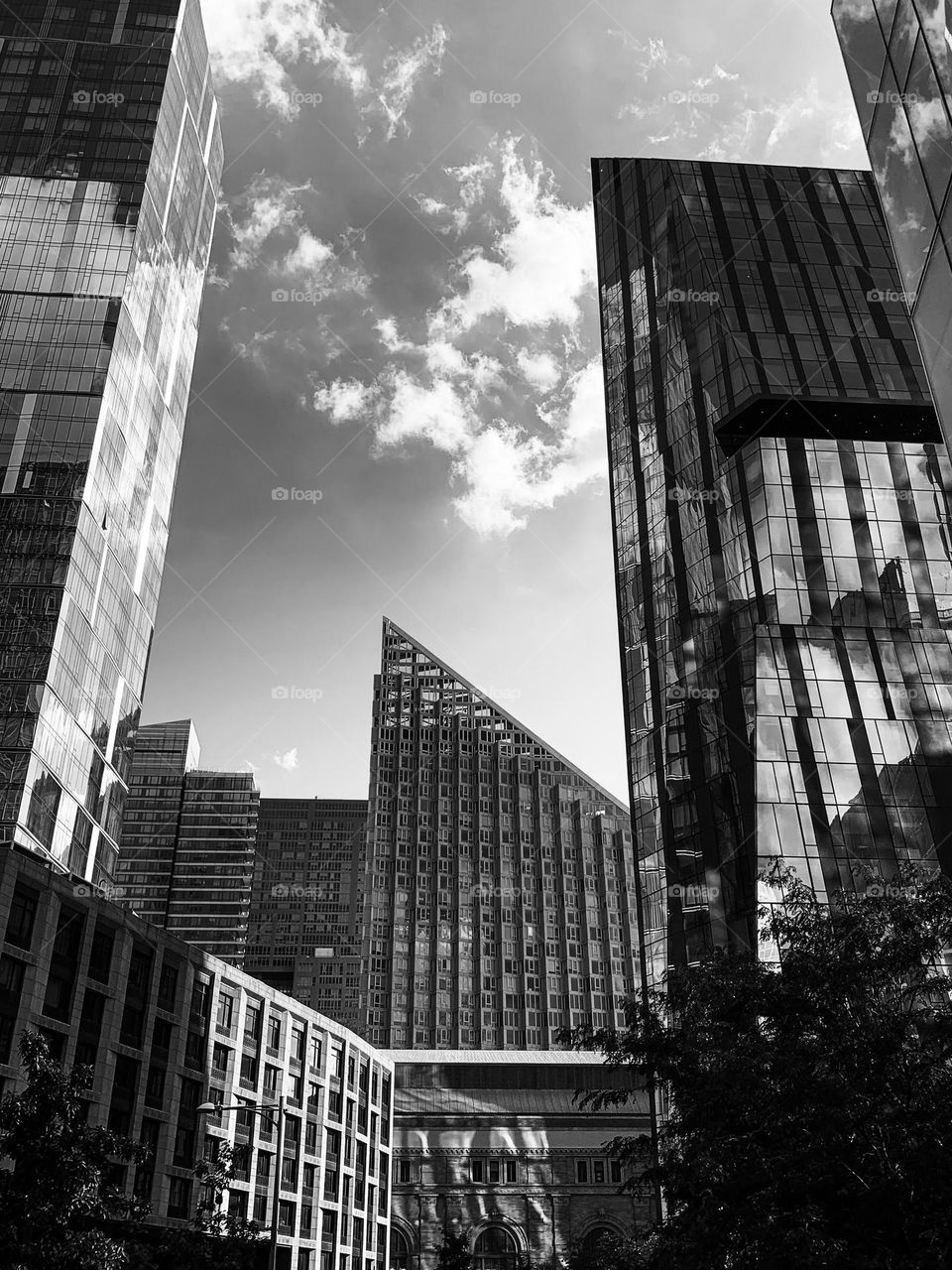 Waterline square condominium residence and office building. New York USA, 2022. Black and white.