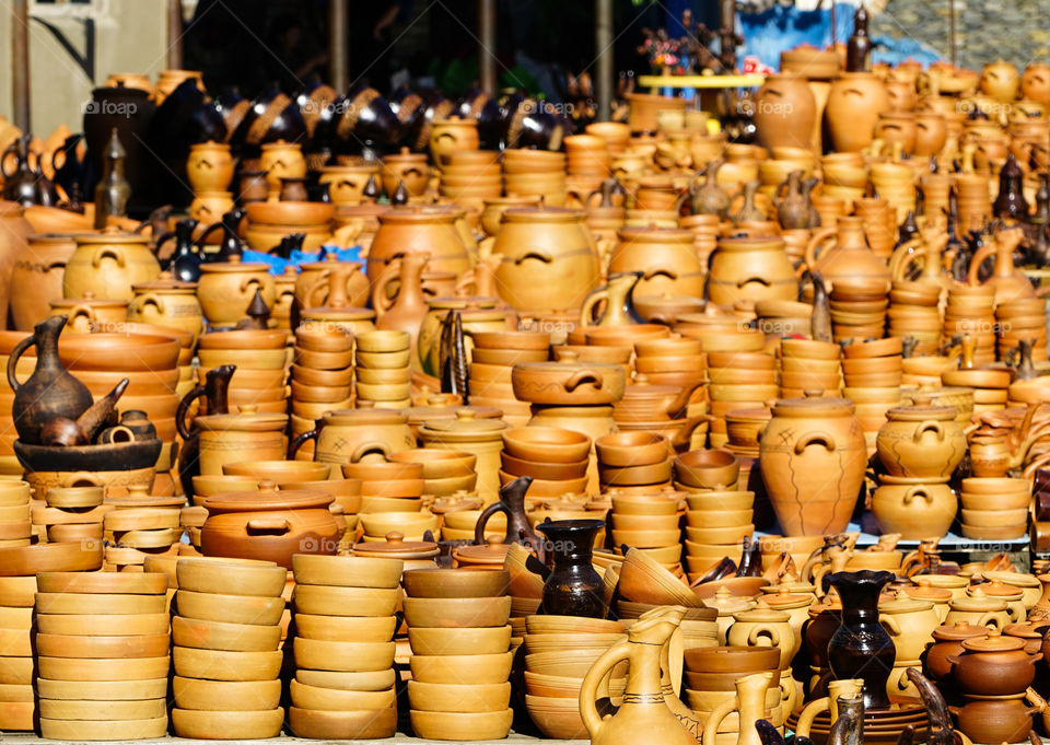 beautiful traditional Georgian handmade clay pottery on display at street market
