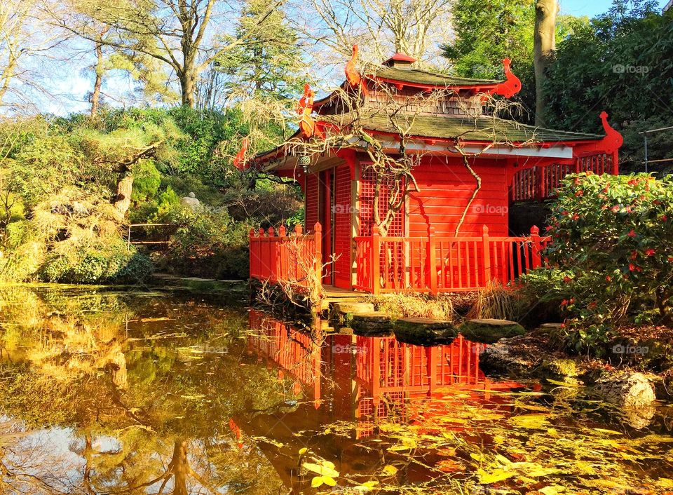 Japanese style building sits peacefully atop a lake. Beautifully reconstructed Japanese architecture in a secluded public garden.