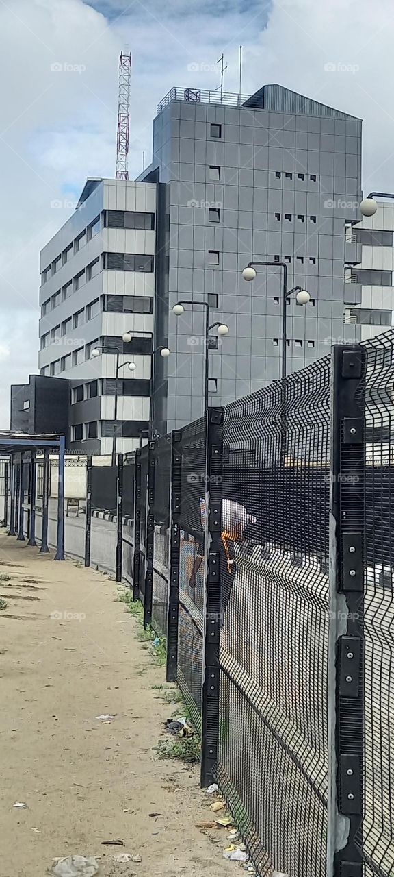 Beautiful view of tall urban building behind the bus shelter. pleasant to see while catching the bus.