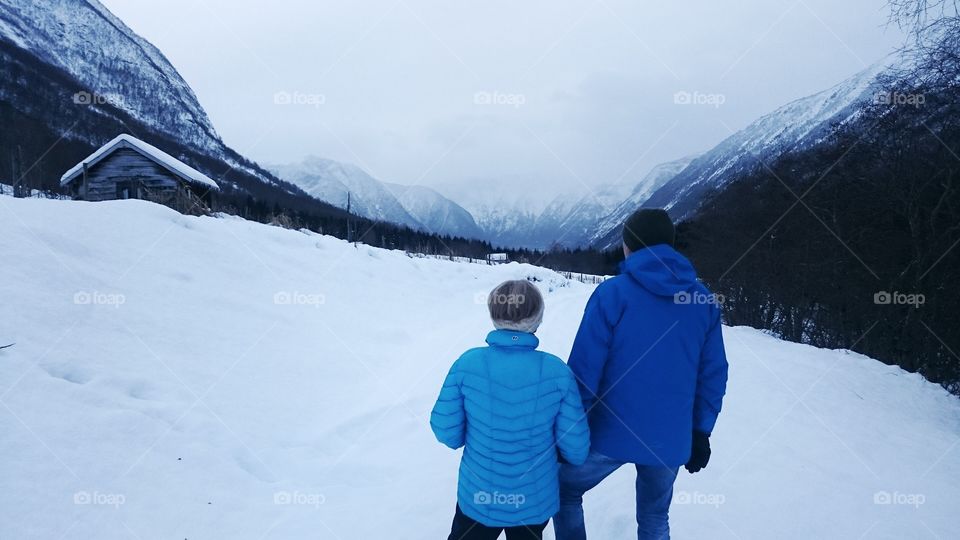 Snowy Landscape. Hiking. Mountain View.