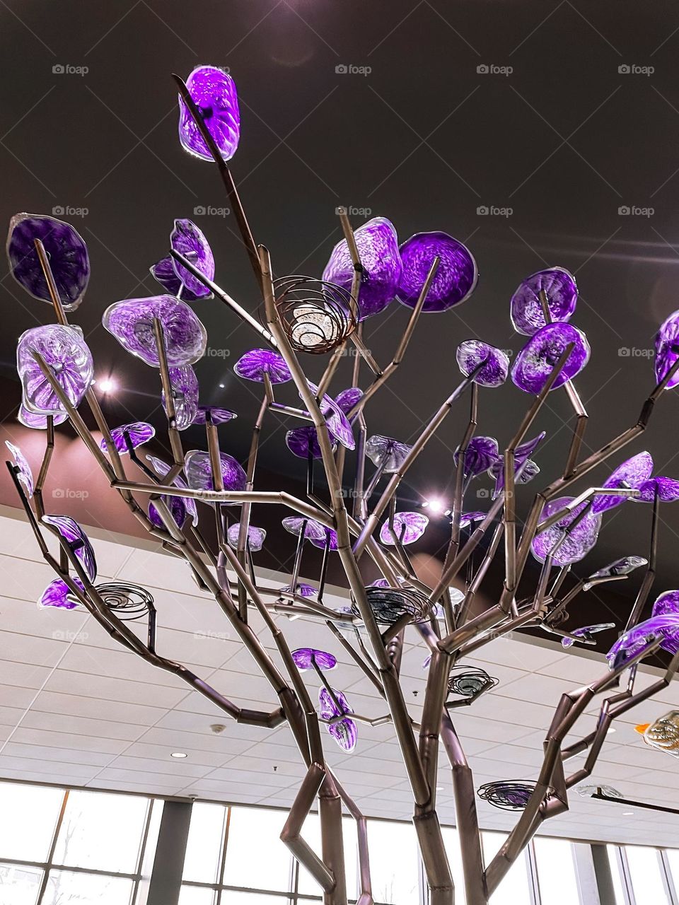Glass art sculpture steel metal purple tree bush flowers artistic creative glassware handcrafted figure craft glass blowing creation 