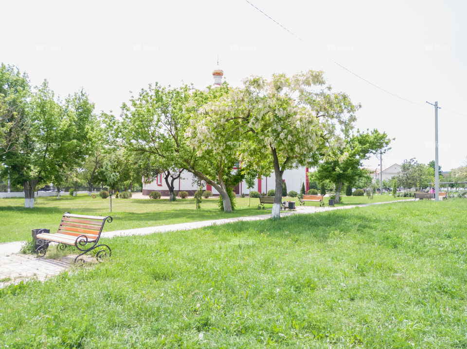 A park in the village. The temple is hidden behind trees. Sunny day.