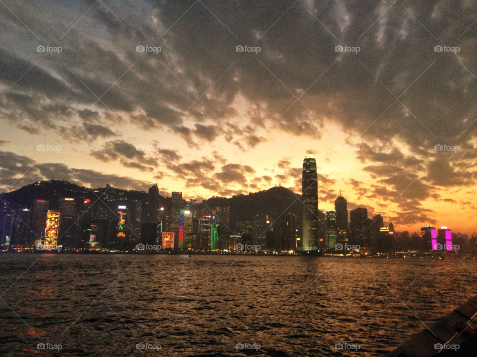 sunset skyline harbour hong kong by KengPP