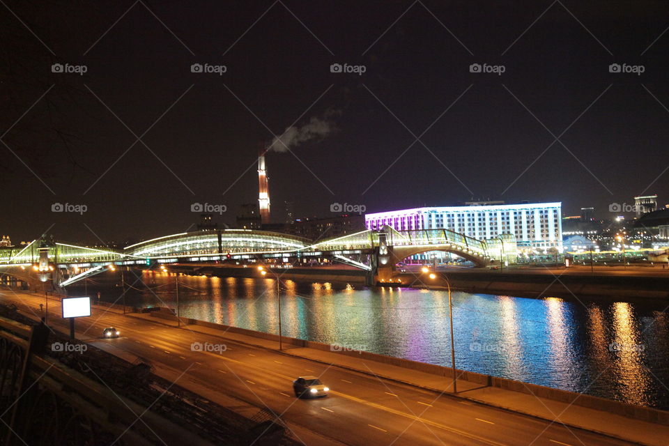 Berth, sunset, river,  Moscow, city, night city, Moscow does not sleep