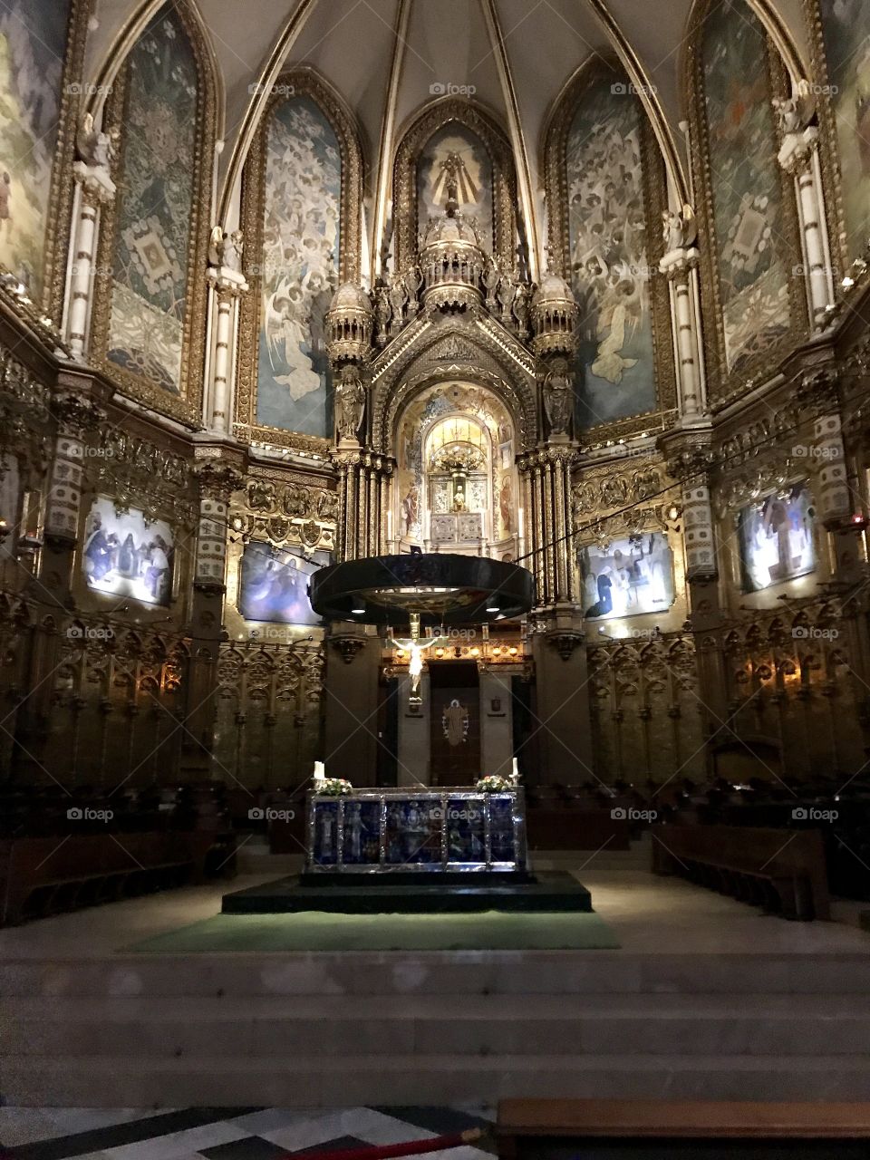 In the scared Cathedral of Montserrat, the Black Madonna is seated above the alter.