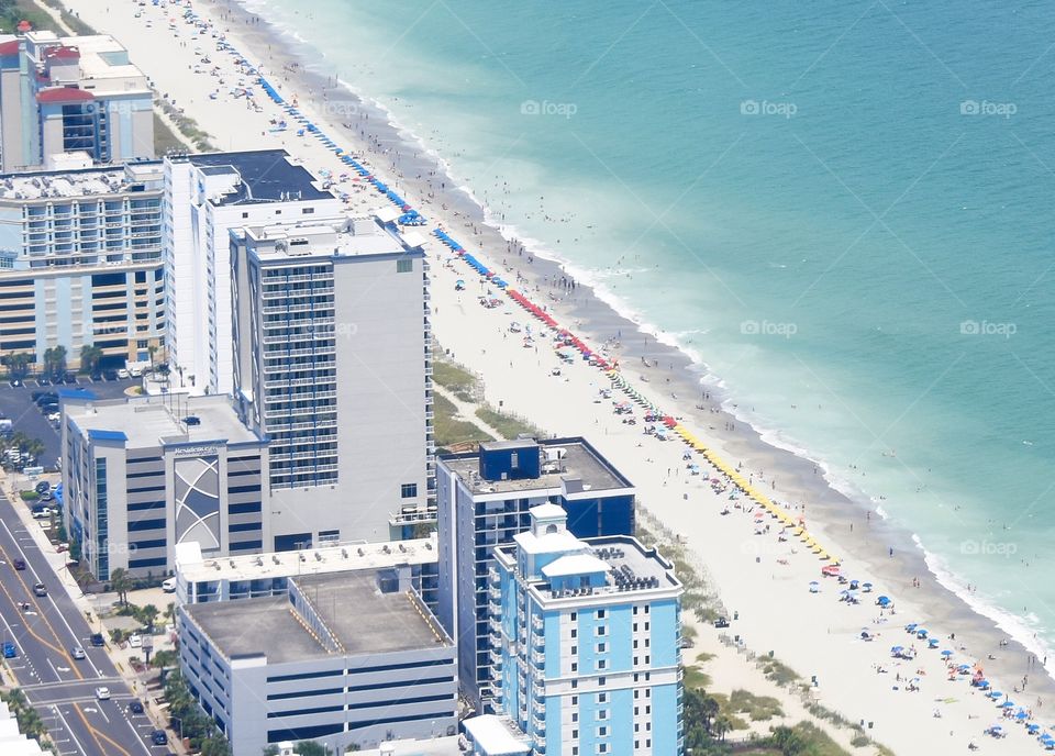 Myrtle Beach aerial view of beach and hotels