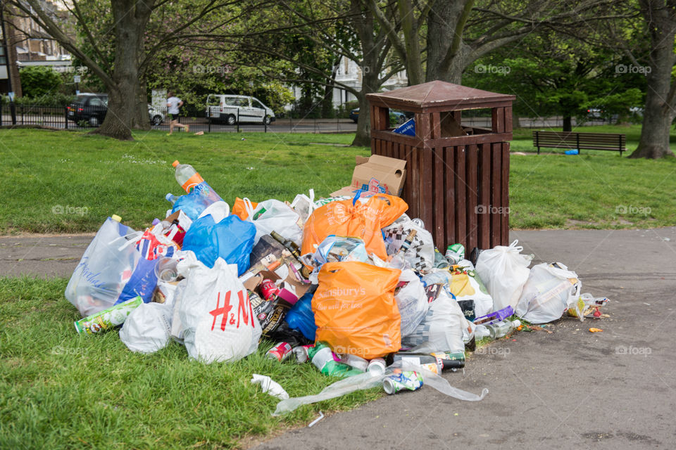 Garbage and trash in Primrose Hill in London.