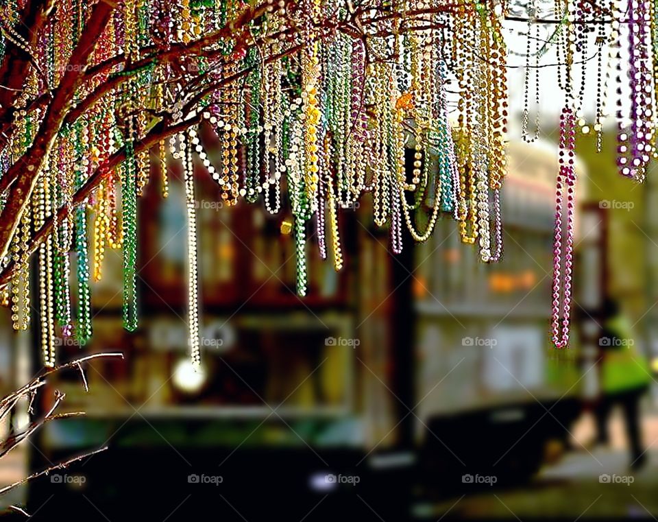 Bokeh Mardi Gras beads tree