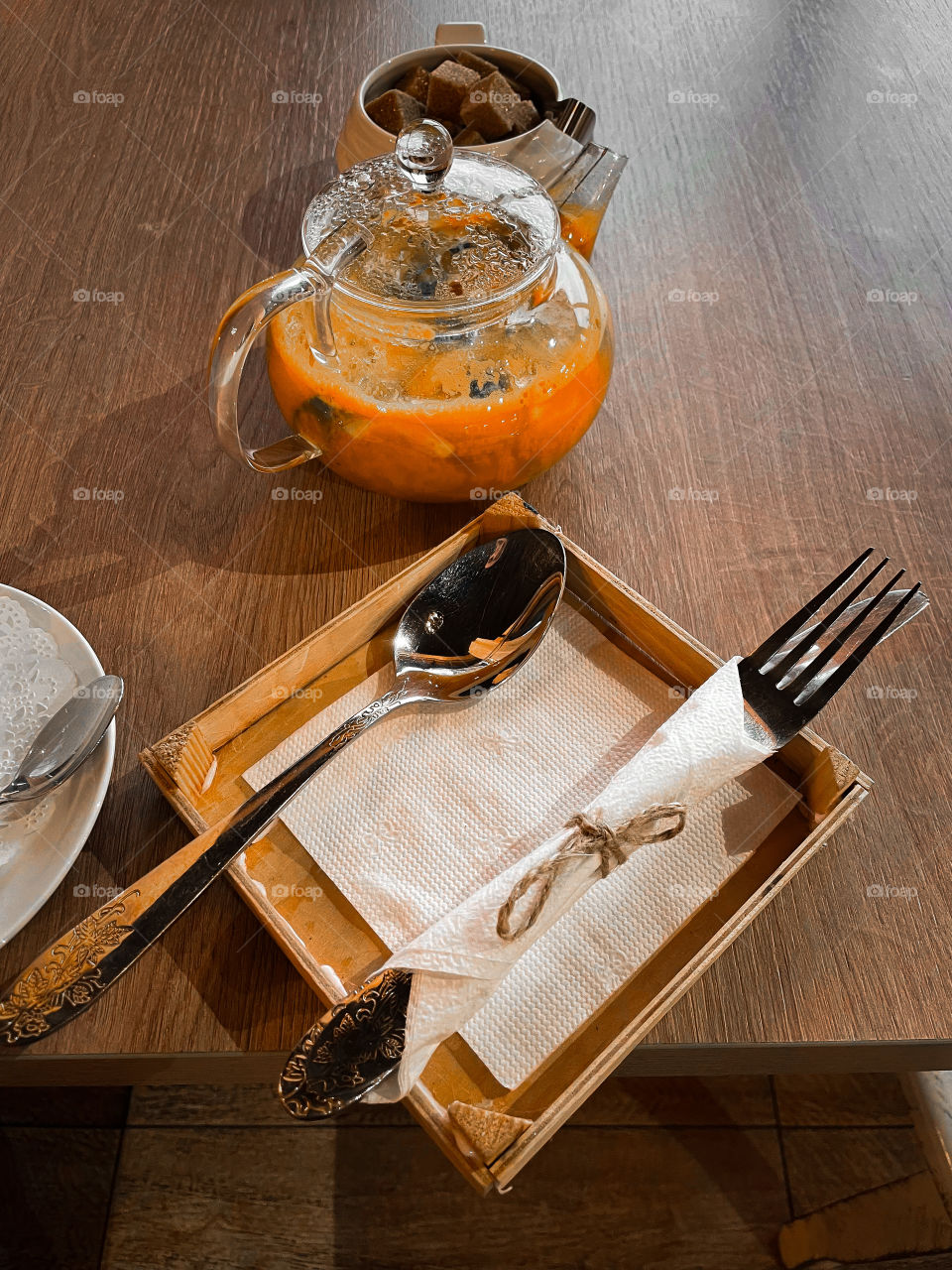 Pasta and buckthorn tea with honey