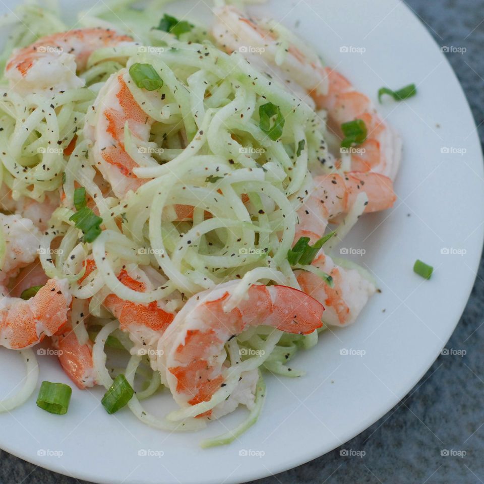 Shrimp Salad. Spiralized cucumbers with shrimp and chopped scallions