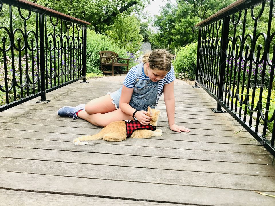 Darling orange tabby kitty cat sitting with girl on bridge framed by fence is a sweet moment! 