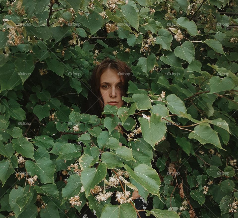 Portrait of a girl among greenery