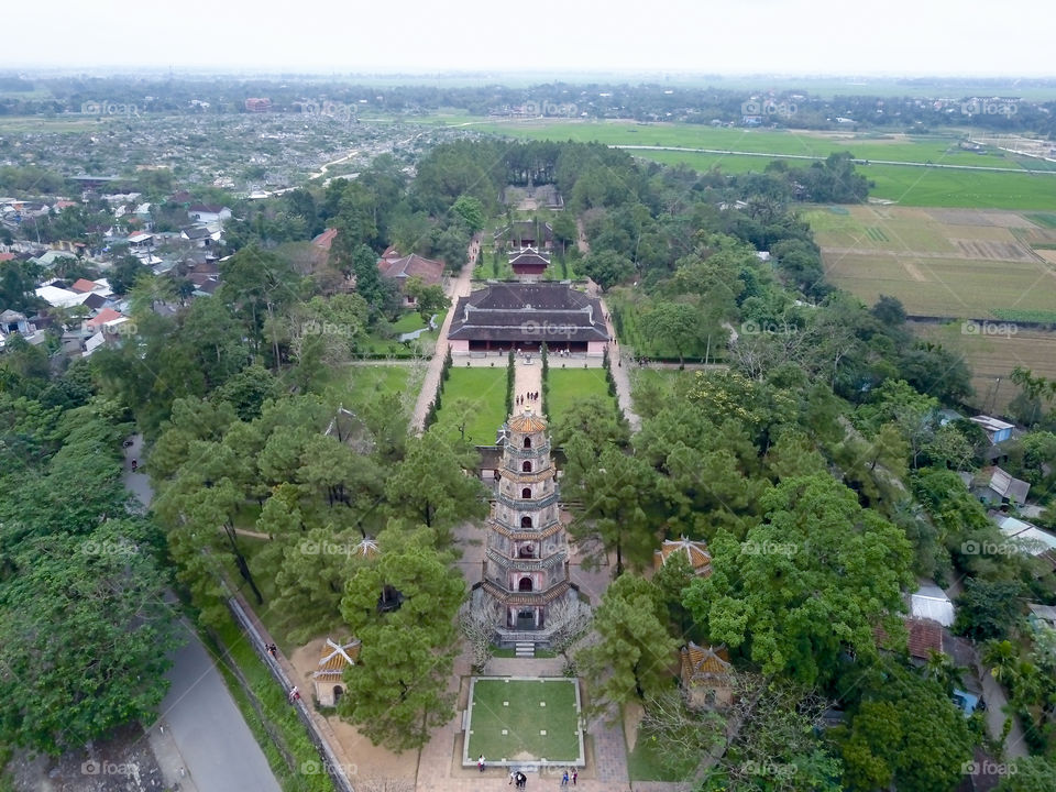 Aerial view of a pagoda in Hue in Vietnam 