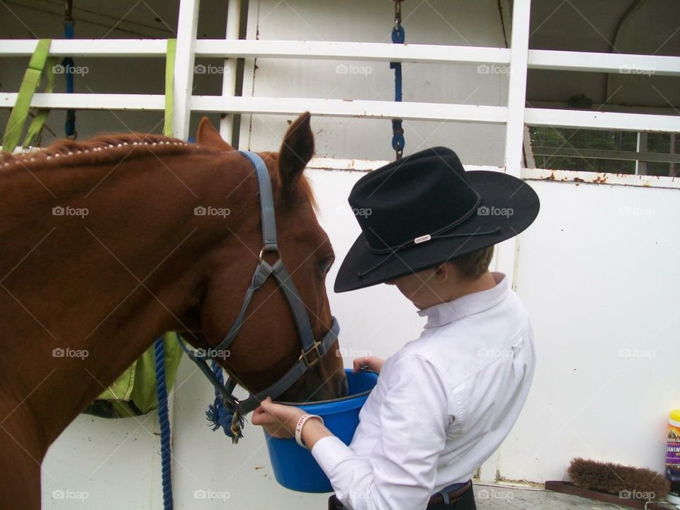 Harley getting some water from his boy at a horseshow.